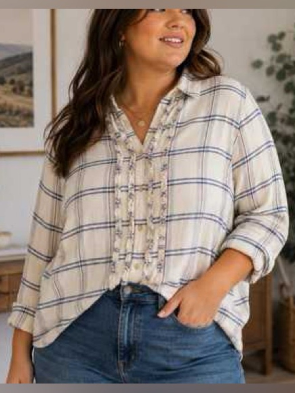 Pilcro Anthropologie Ivory Tuxedo Ruffle Button Down Shirt Size 3X